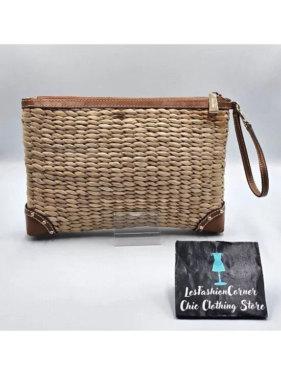 Michael Kors Women's Watermelon Raffia Malibu Straw XL Clutch Zip Wristlet 3304 - Picture 4 of 14